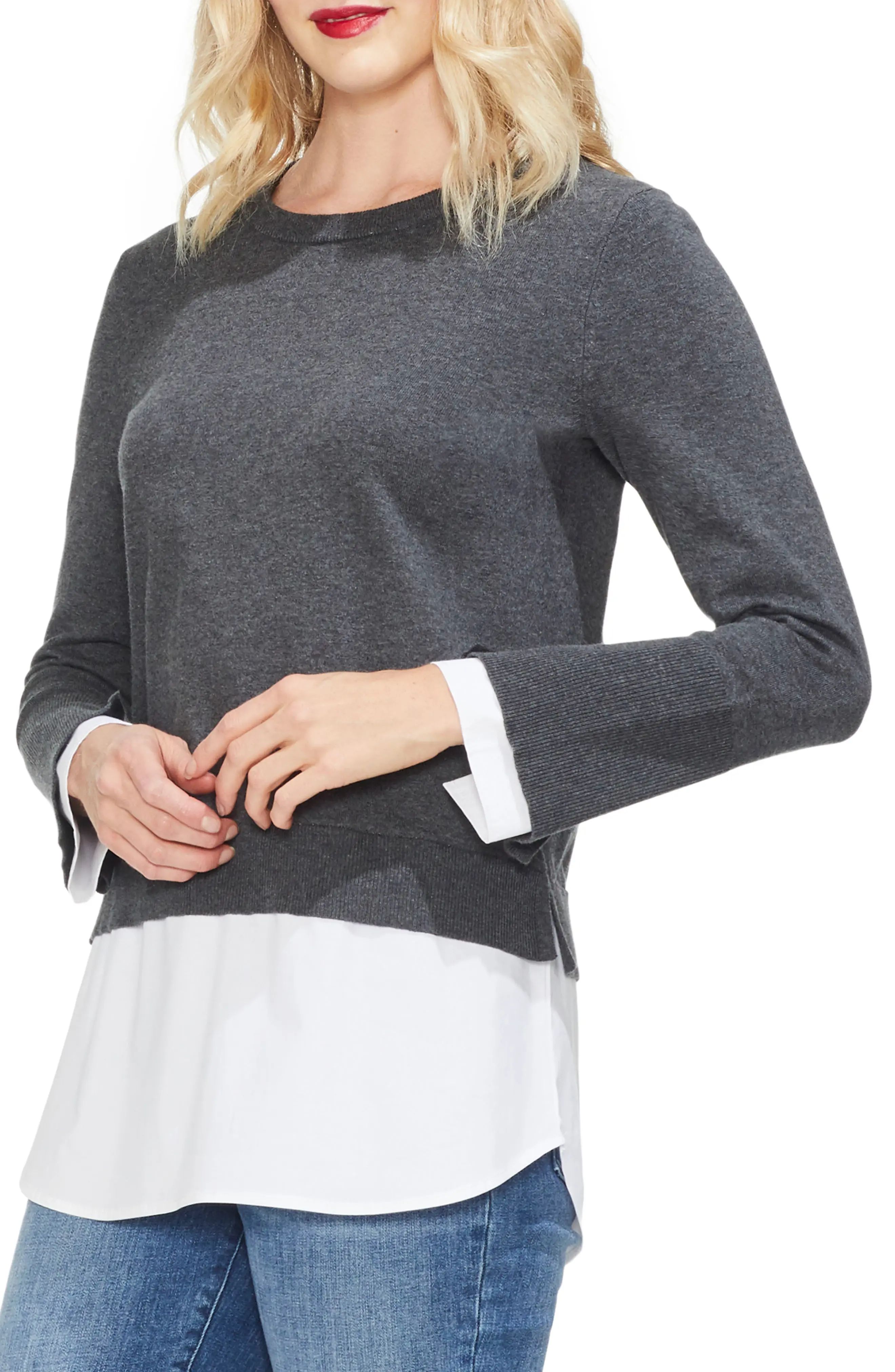 Petite Women's Vince Camuto Layered Crewneck Sweater, Size X-Small P - Grey | Nordstrom