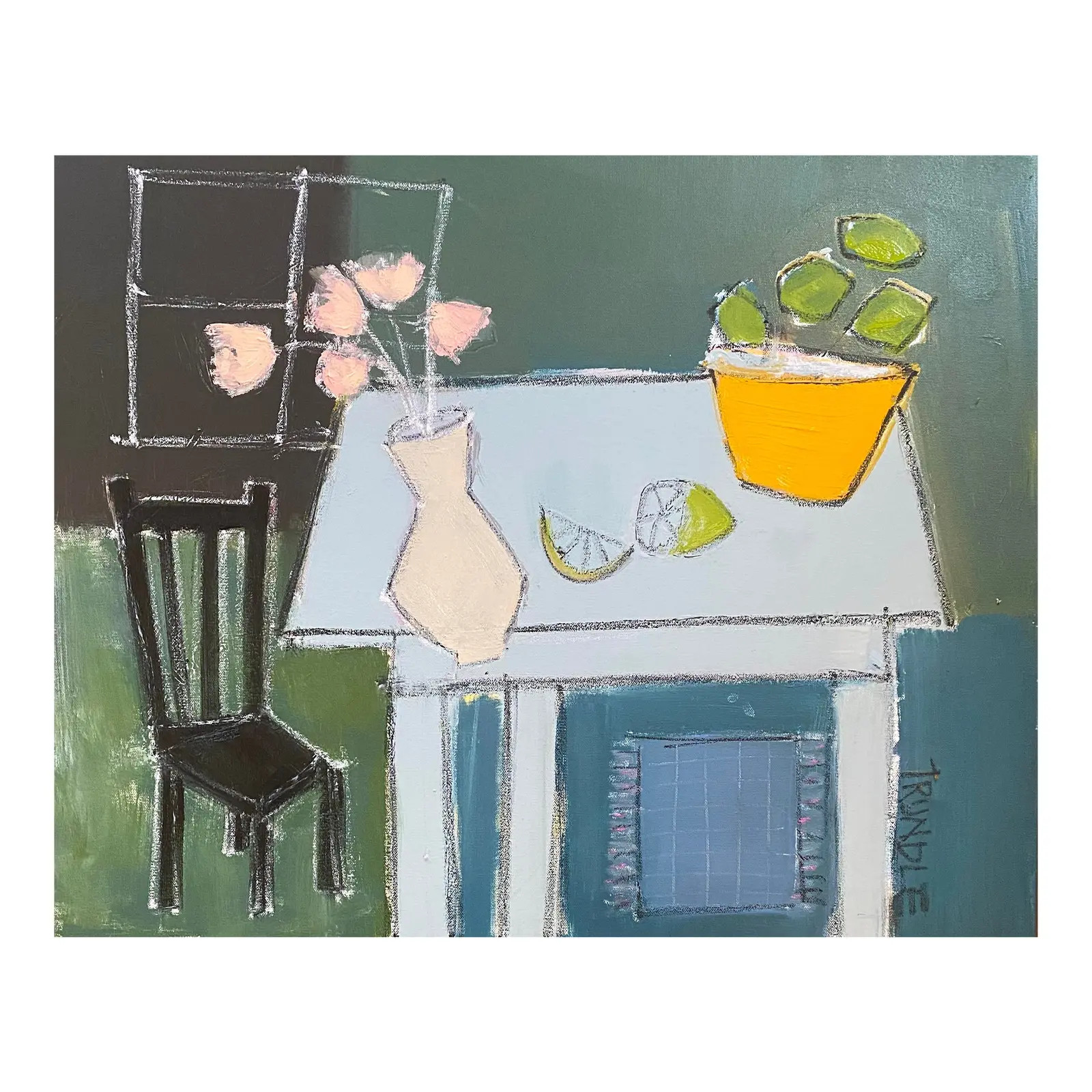 Sarah Trundle, Contemporary Abstract Still Life Painting, "Yellow Bowl of Limes" | Chairish