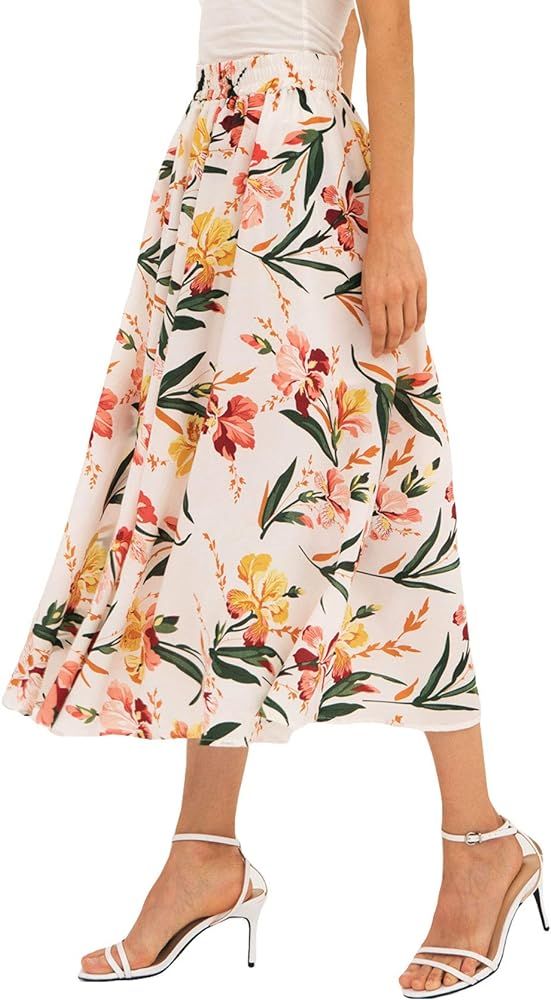 CHARTOU Women's Vintage Color-Block Floral Print Elastic-Waist Pleated A-Line Skater Skirts | Amazon (US)