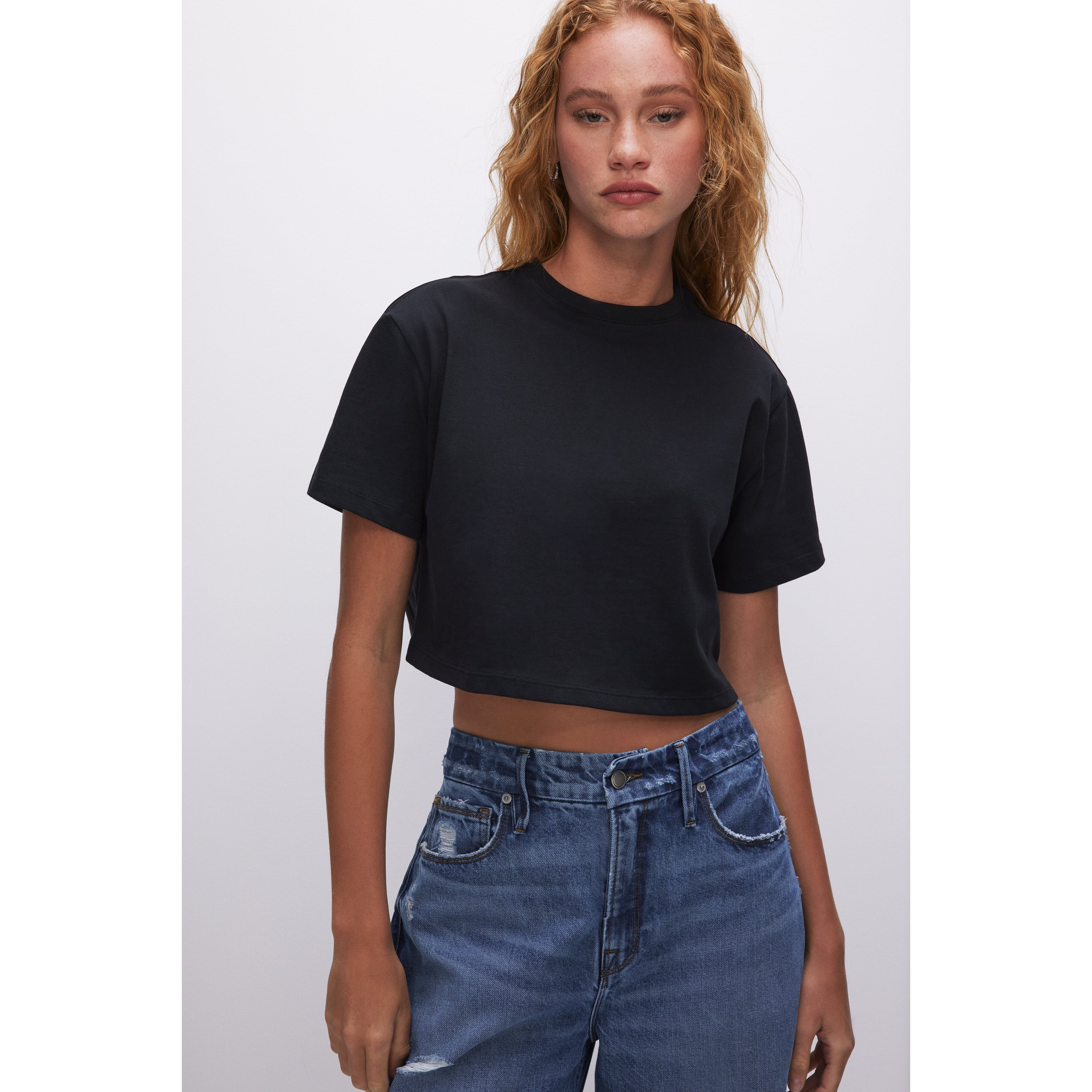 Women's Cotton Cropped T-Shirt | Black, Size Small | Good American by Khlo� Kardashian | Good American