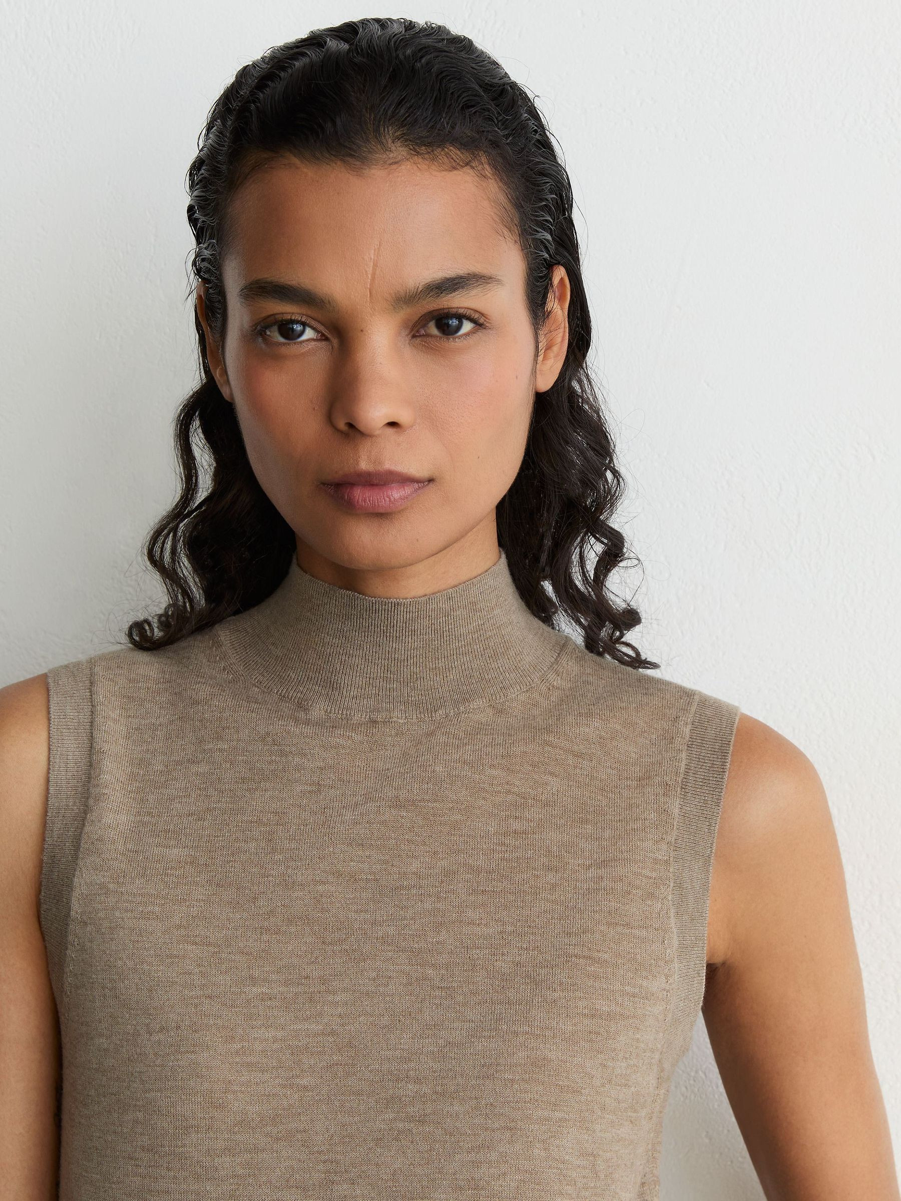 Reiss Merino Wool Funnel-Neck Sleeveless Vest in Neutral | REISS | Reiss US