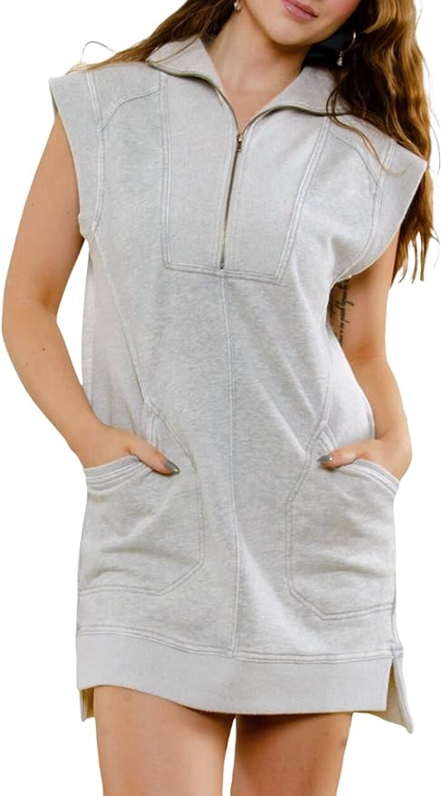 Qiaomai Womens Half Zip Sweatshirt Dresses Summer V Neck Sleeveless Pullover Tunic Tops Mini Dres... | Amazon (US)