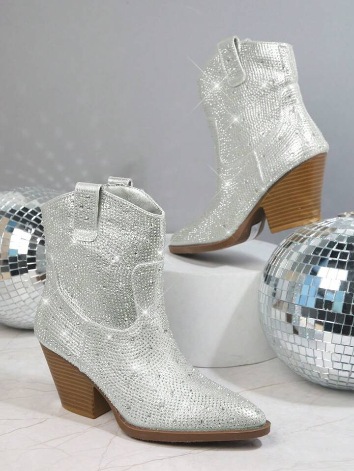 Satin Studded Block Heel Cowboy Booties | SHEIN