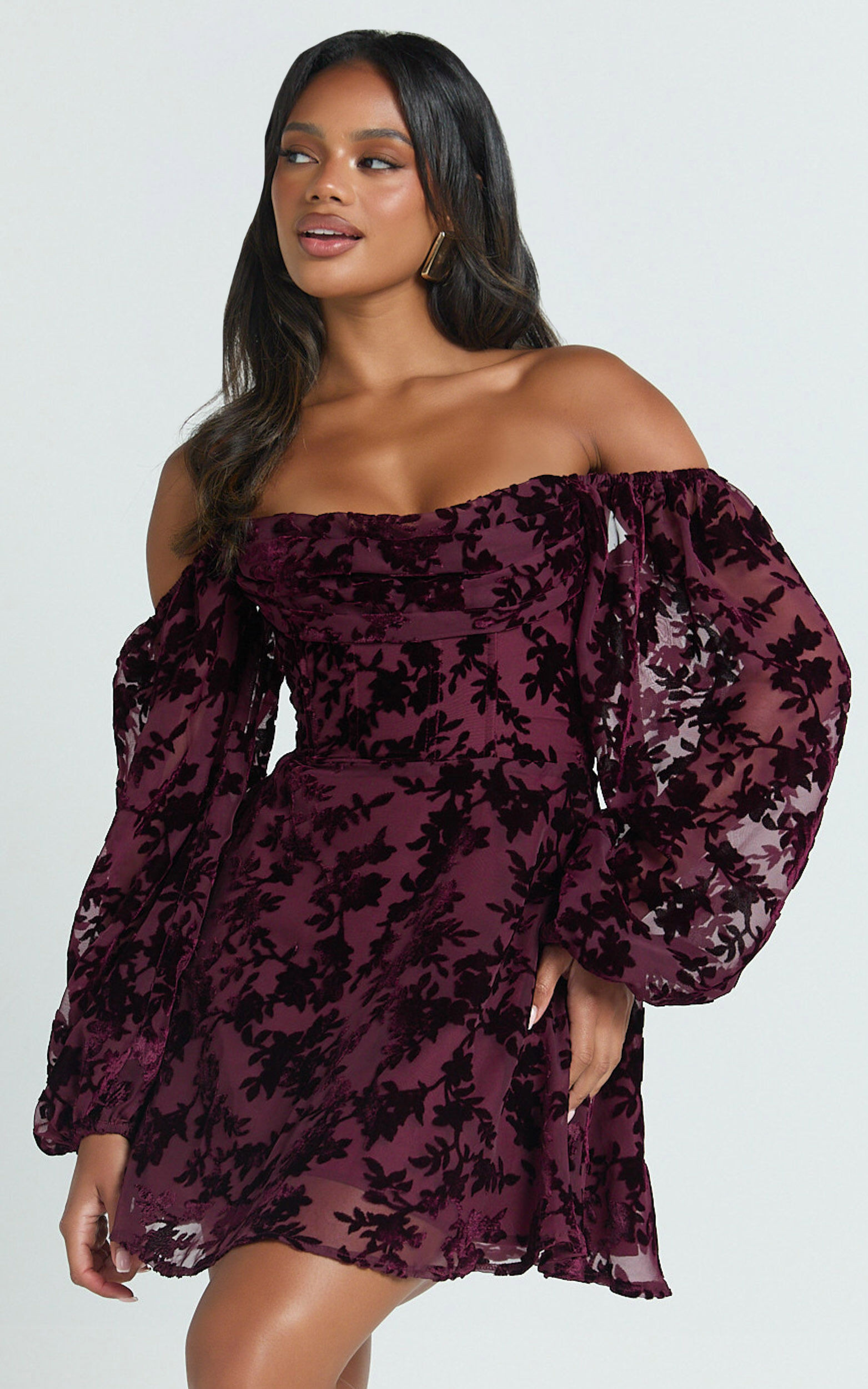 Jessell Mini Dress - Long Sleeve Cowl Corset Dress in Wine Burnout | Showpo (US, UK & Europe)