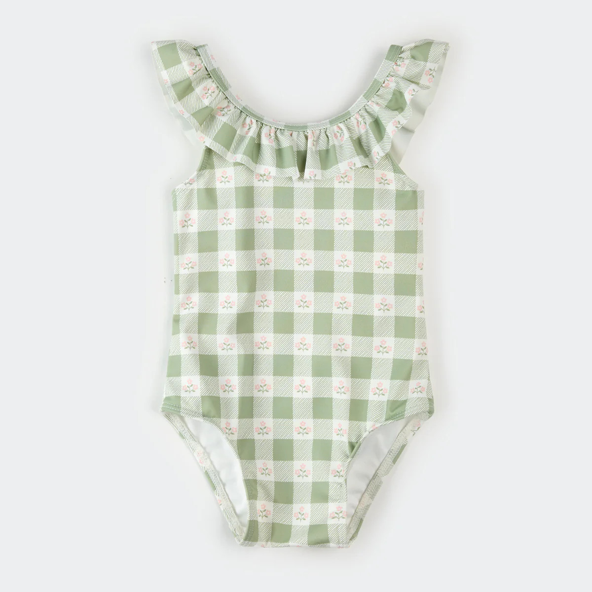 Flowers on Green Gingham Print Swimsuit | Petit Lem