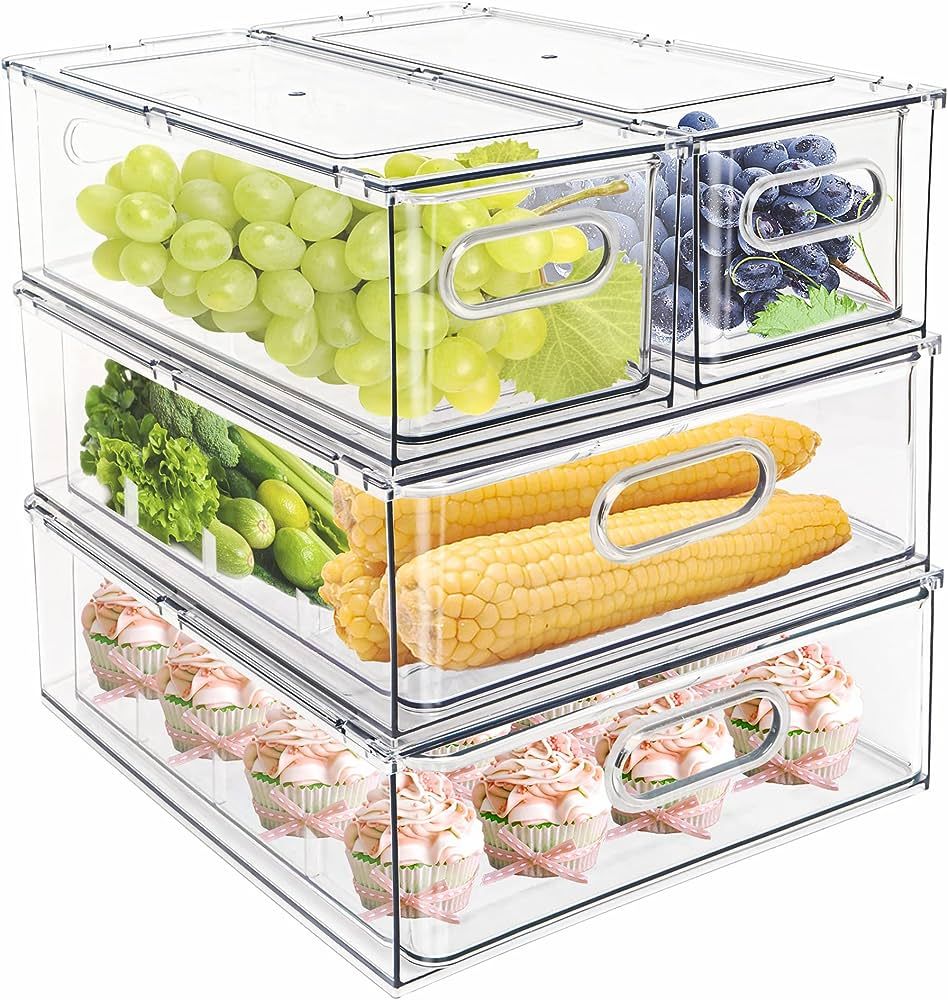 MineSign 4 pack Stackable Refrigerator Organizer Bins Pull-Out Drawers for Fruit and Veggies Stor... | Amazon (US)
