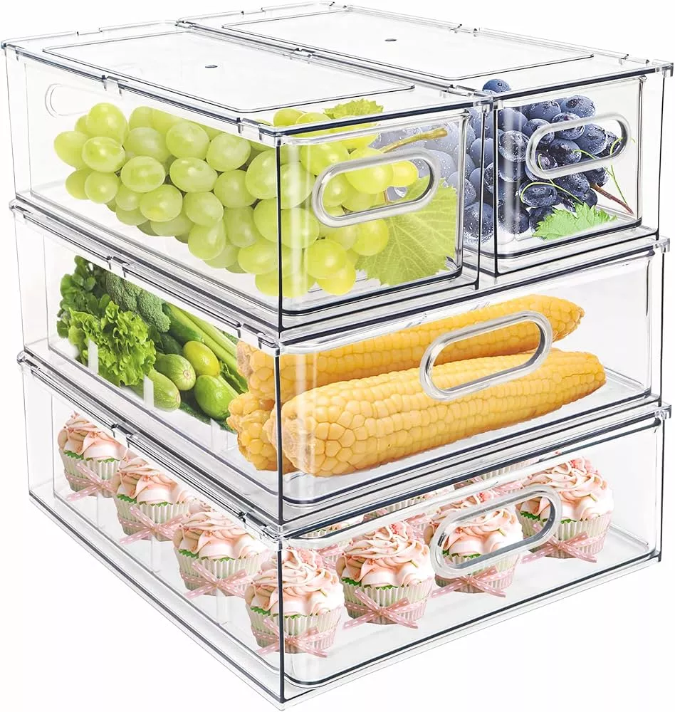 Fullstar Fridge Organisers Bins [Set of 4] Fridge Storage Containers - Clear Fridge Storage Containers with Handles Kitchen Pantry Organizers and