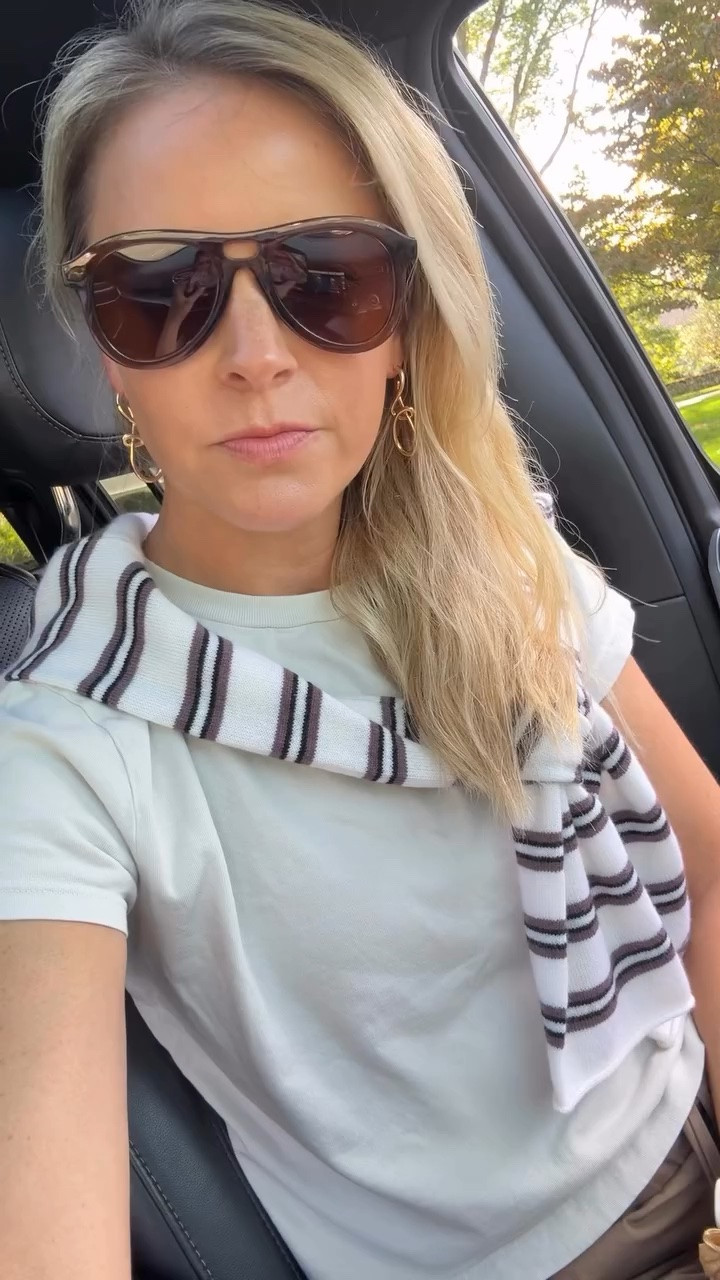 Car line pickup chats! Just got these sunglasses in and love the color. Use code KENDALL20 for 20% off
OOTD 🍂
•small tee, tts
•small sweater, tts
•XS pants, size down (these run big! I could even do an XXS) 
•clogs tts