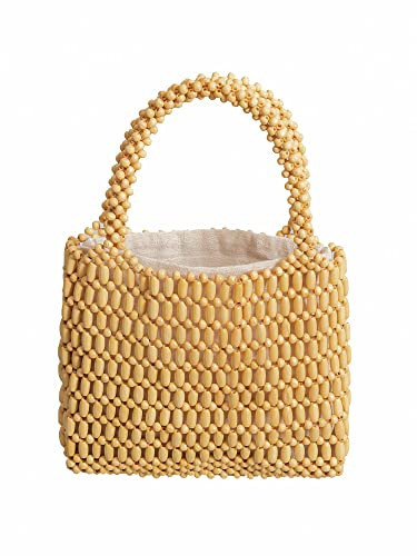 Wooden Beaded Bag Small Tote Bag Woven Handbag Top Handle Clutch Purses for women (YELLOW) | Amazon (US)