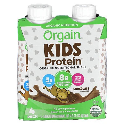 Orgain, Kids Protein™, Organic Nutritional Shake, Chocolate, 4 Pack, 8.25 fl oz (244 ml) Each | iHerb