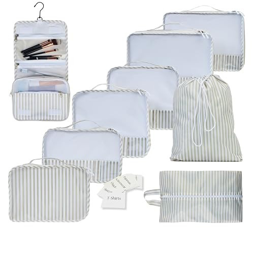 Foxy Traveler 9 Set Packing Cubes - Suitcase Organizer, Cute Packing Cubes, Travel Bags Organizer for Luggage with Hanging Toiletry and Shoe Bag, Travel Essentials for Women, Men and Kids -Stripe | Amazon (US)