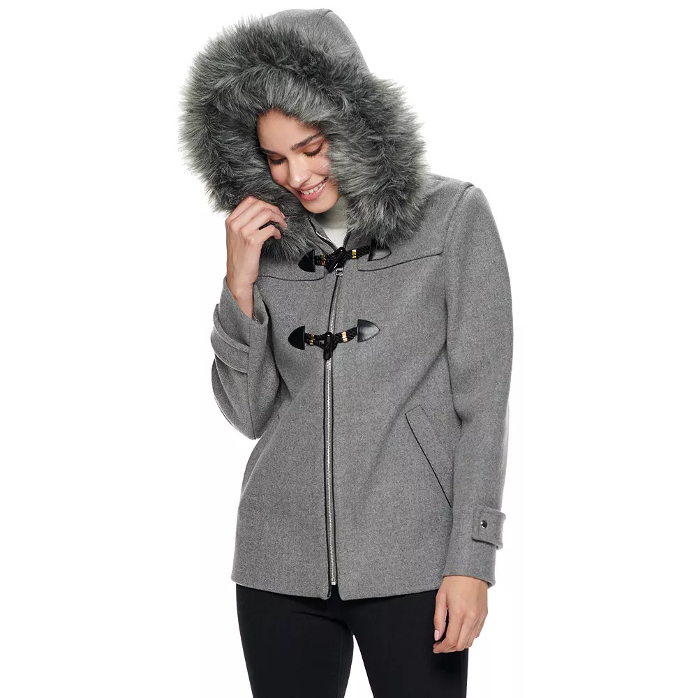 Women's Nine West Hooded Faux-Fur Trim Toggle Coat | Kohl's
