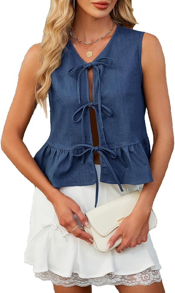 Women's Denim Vest Top Sleeveless V Neck Tie Front Jean Vest Summer 2025 Trendy Casual Waistcoat ... | Amazon (US)