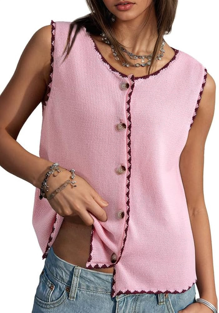 Dokotoo Vest Tops for Women 2026 Button Up Color Block Casual Sweater Vests Trendy Spring Summer ... | Amazon (US)