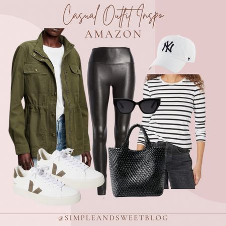 Amazon casual outfit idea! Love the faux leather leggings with the olive green coat! Some basic sneakers, a cute bag and some fun sunnies 

#LTKfindsunder100 #LTKstyletip #LTKfindsunder50