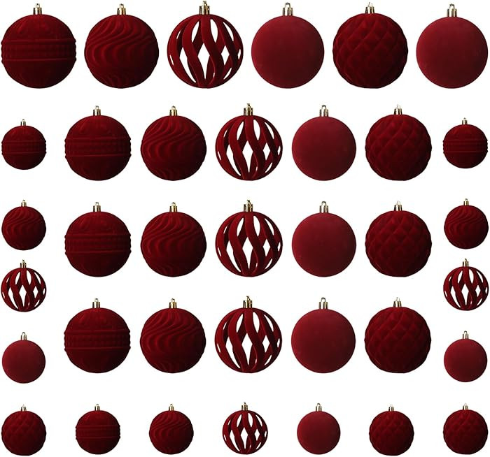 Senjie 36 PCS Velvet Ornaments Balls Sets for Christmas Tree Red Flocked Christmas Balls Assortme... | Amazon (US)