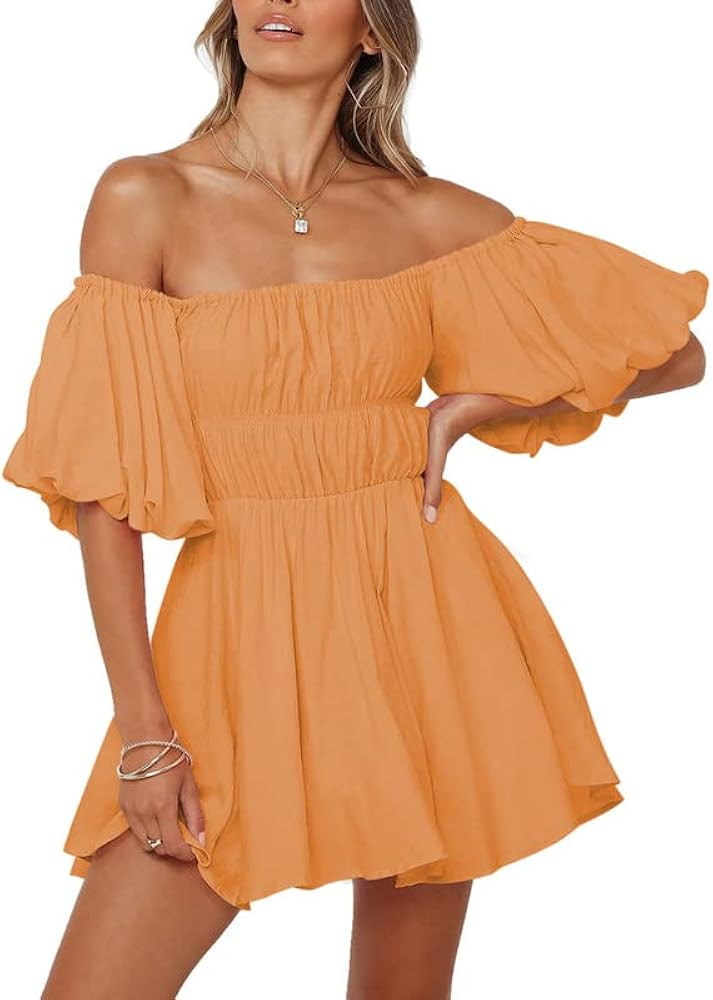 Dokotoo Womens Off The Shoulder Summer Dresses 2024 Short Lantern Sleeve Ruffle Elastic Waist A-L... | Amazon (US)