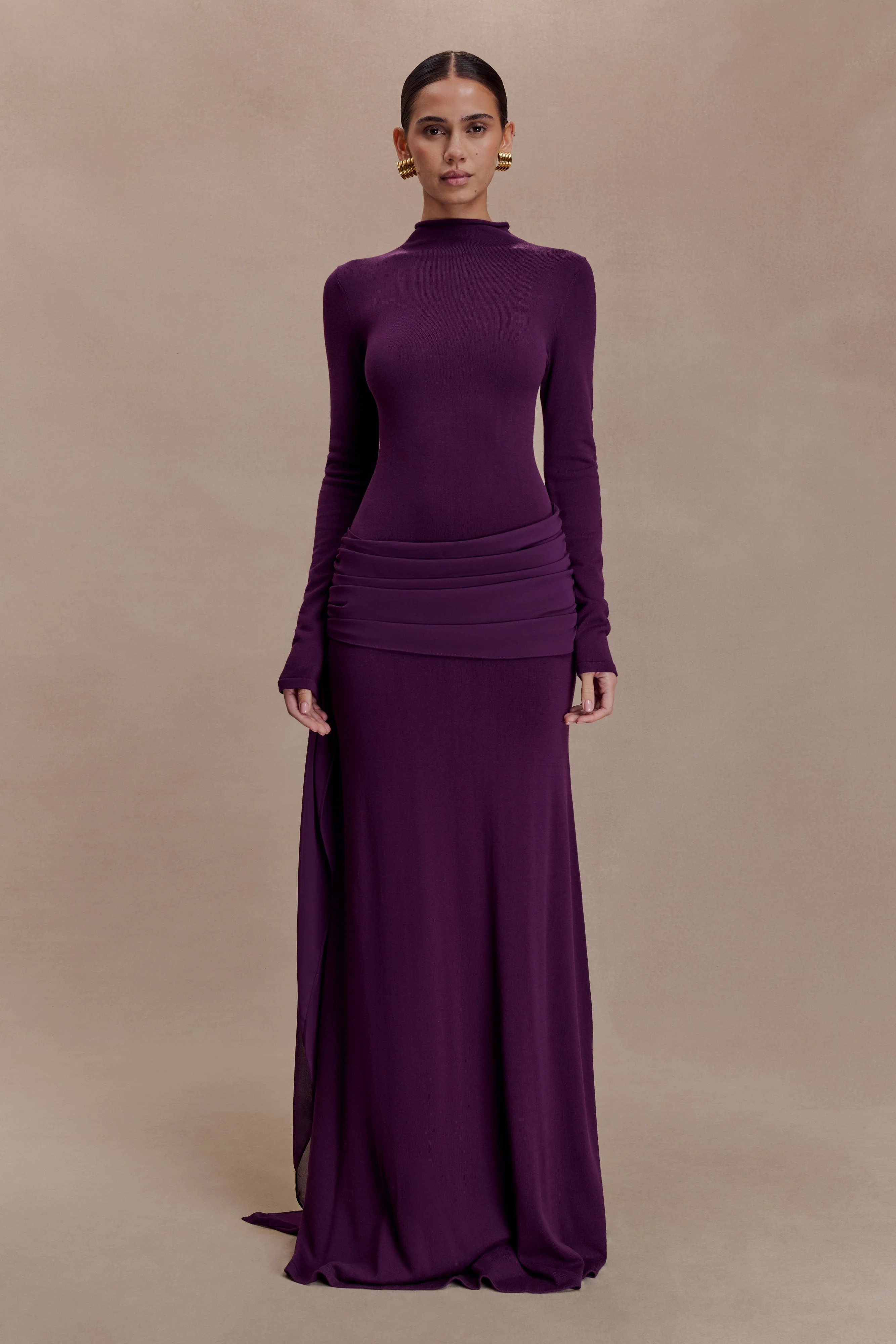 Grayson Knit Chiffon Maxi Dress - Plum | MESHKI US