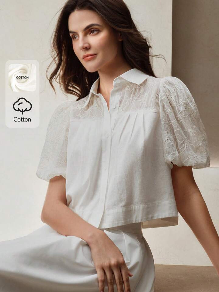 Anewsta Damen Kurze Spitzen Patchwork Bluse, Lässig Und Elegant, Geeignet Für Frühling & Sommer | SHEIN