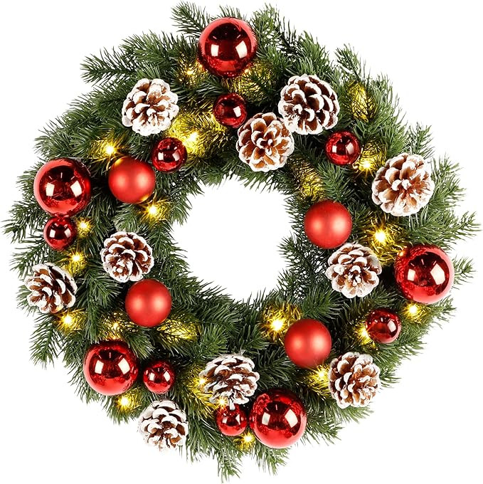 Lulu Home Christmas Front Door Wreath, 15.7" Pre-lit Wreath with Christmas Balls and Pine Cone, B... | Amazon (US)