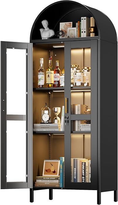 Vitrina de metal arqueada con puertas de cristal, armario de arco con 3 tiras LED y 2 estantes aj... | Amazon (US)