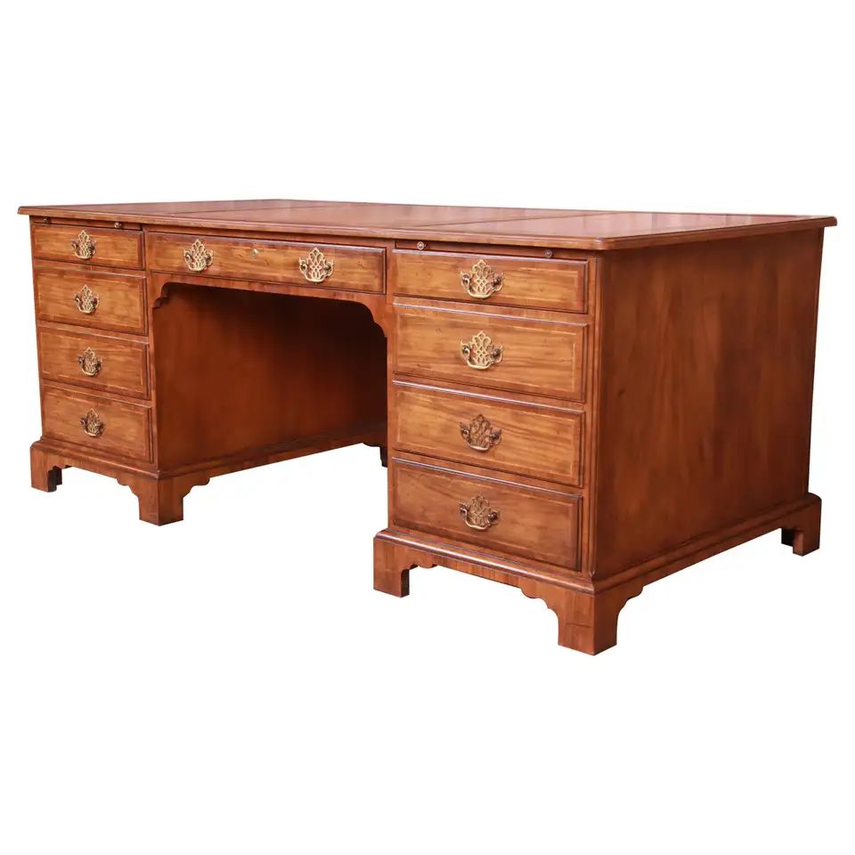 Baker Furniture Georgian Walnut Leather Top Executive Desk, 1950s | 1stDibs