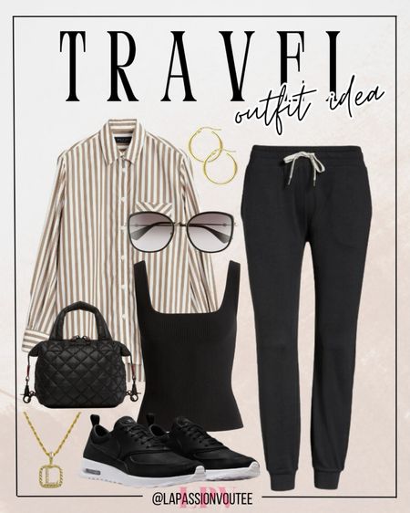 Stay stylish and comfortable on the go with this travel outfit: a stripe shirt layered over a tank top and joggers, accessorized with hoop earrings, a necklace, and cat-eye sunglasses. A spacious tote bag and comfy sneakers complete this chic and practical look.

#LTKTravel #LTKSeasonal #LTKStyleTip