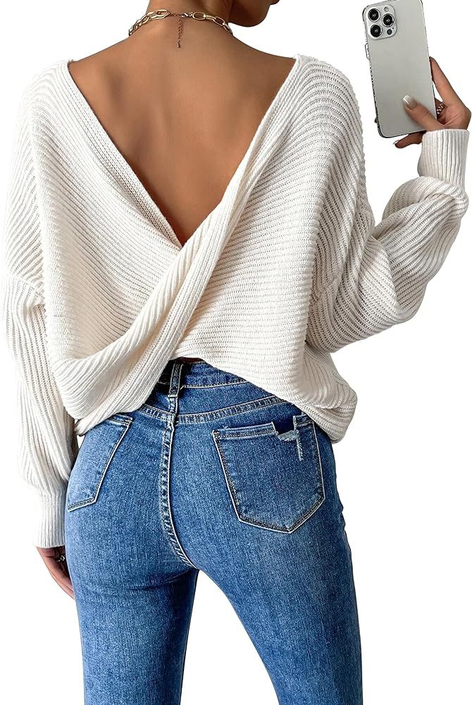 Labolliy Women Twist Back Backless Drop Shoulder Long Sleeve Pullover Rib Knit Sweater Tops | Amazon (US)