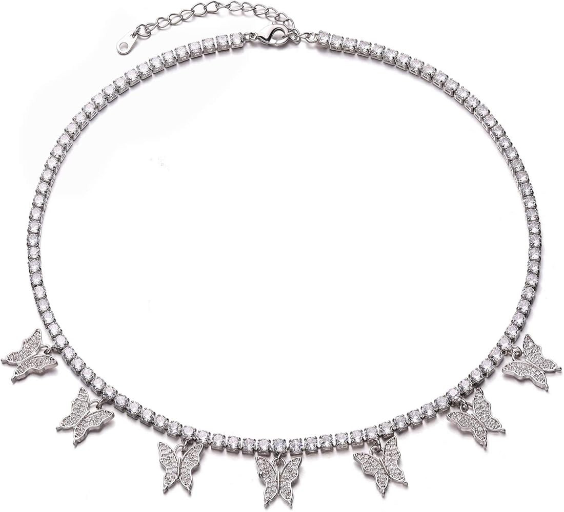 LVEN Butterfly Necklace Tennis Chain Butterfly Choker Bling Iced CZ for Women Girl | Amazon (US)