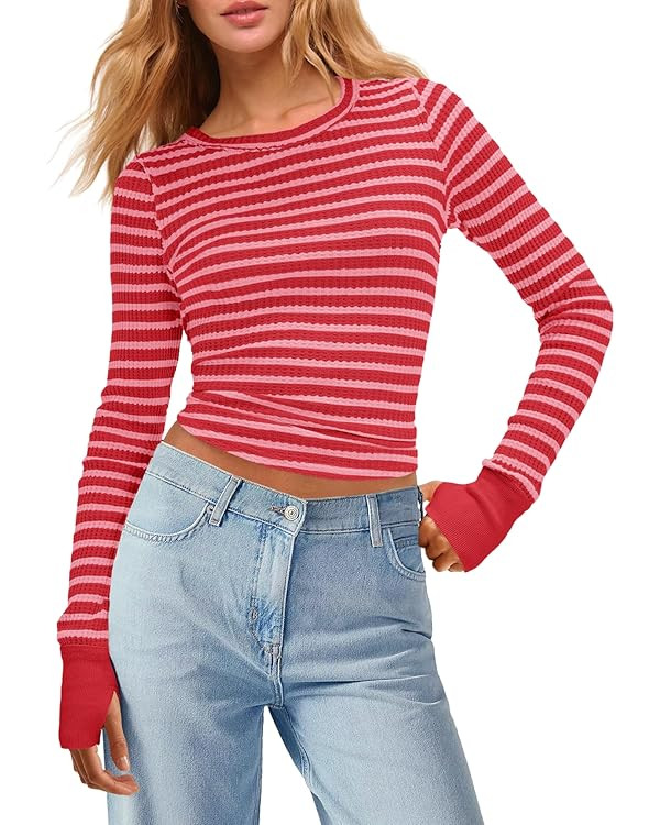 Panadila Womens Striped Long Sleeve Shirts Crewneck Waffle Knit Tops Casual Fitted T Shirts Fall ... | Amazon (US)