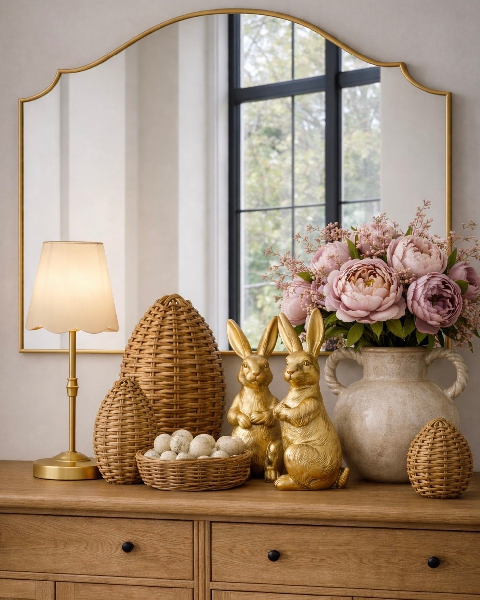 Amazon Spring Decor.
Follow @farmtotablecreations on Instagram for daily cozy home finds + styling inspo 🤍

This little spring vignette is such an easy way to add a soft seasonal touch without going overly themed. The mix of warm woven texture, gold accents, and blush florals feels elevated, neutral, and perfect for a dresser, buffet, or entry console.

The gold bunnies are such a statement, and the woven baskets paired with speckled eggs add the sweetest cozy spring texture. Finished with a soft peony arrangement, a warm lamp glow, and a vintage-inspired mirror for that layered, designer look.

#easterdecor #springdecor #neutraldecor #consoledecor #buffetstyling #amazonhome #homedecorfinds #bunnydecor #springvignette #entrywaydecor #livingroomdecor #cozyhome #modernorganichome

#LTKSaleAlert #LTKHome