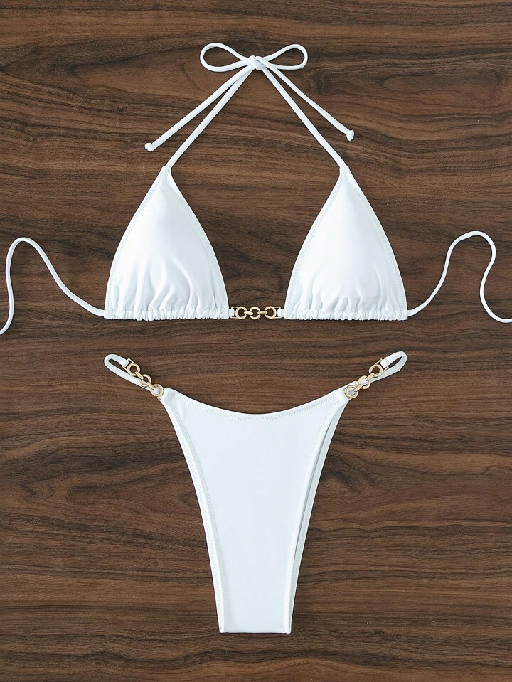 SHEIN Swim SXY Chain Linked Halter Triangle Bikini Swimsuit | SHEIN