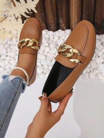 Women Chain Decor Flat Loafers, Fashionable Outdoor Brown Flat Shoes | SHEIN