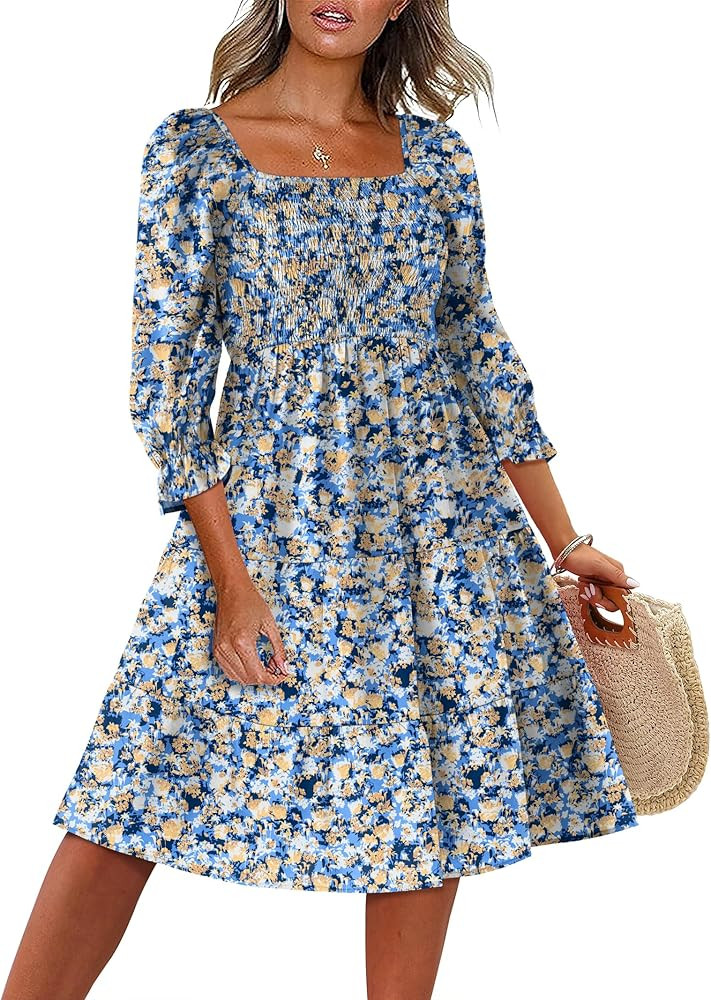 Caracilia Women 3/4 Sleeve Dress 2025 Fall Wedding Guest Square Neck Floral Smocked Boho Midi Dre... | Amazon (US)