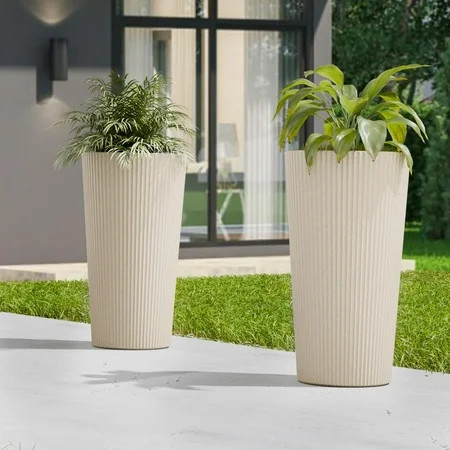 23.6" Tall Outdoor Planters, Set of 2 Large Plastic Flower Pots for Indoor & Outdoor Use, Modern Striped Decorative Garden Planters with Drainage Holes for Patio, Porch, Balcony, Beige | Walmart (US)