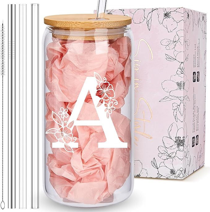 Personalized Tumbler, Monogrammed Can Glass Cups with Bamboo Lids and Straws, Customized Gifts fo... | Amazon (US)