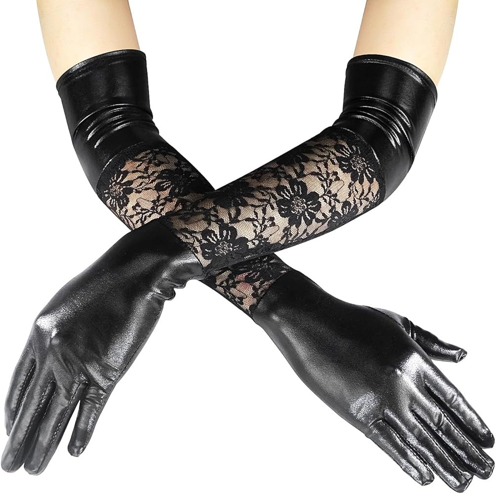 Luwint Long Black Gloves (Women S-M), Lace Splicing Faux Leather Gloves for Halloween Costume Ope... | Amazon (US)