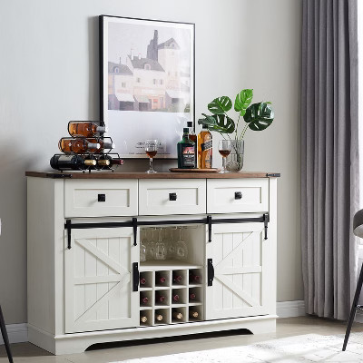 OKD 54" Wine Bar Cabinet w/Sliding Barn Door, Kitchen Coffee Bar Cabinet w/Wine & Glass Rack, 3 Drawers, Large Buffet Sideboard, Antique White | Target