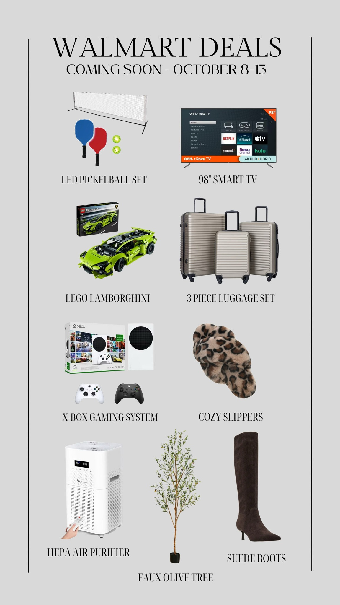 Walmart Deals!  Amazing deals coming to Walmart October 8-13 ✨

Walmart sale, Walmart October deals, Christmas gift ideas, luggage set sale, smart tv sale, olive tree sale, suede boots, brown boots, x-box sale, LEGO sale, cozy slippers, gifts for her, kids gifts, teen gift, pickleball set, Christine Andrew 
@Walmart #WalmartPartner #WalmartDeals

#LTKSaleAlert #LTKKids #LTKFindsUnder100