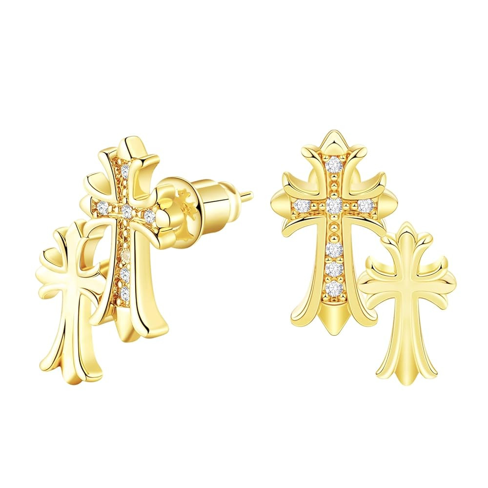 Gold Cross Earrings for Women 14K Gold Double Piercing Cross Earrings Diamond Stud Earring | Amazon (US)
