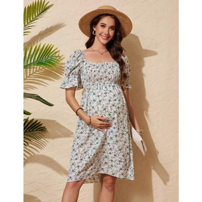 Coolmee Women's Maternity Dress Floral Square Neck A Line Fashion Dress Short Sleeves Maternity Dress for Photography Green Flowers S | Target