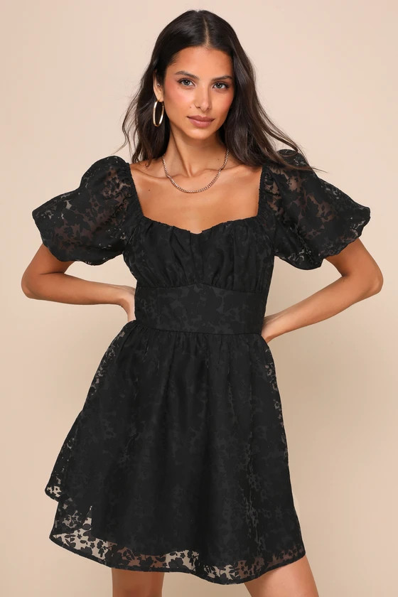 Sweetest Effect Black Floral Burnout Puff Sleeve Mini Dress | Lulus