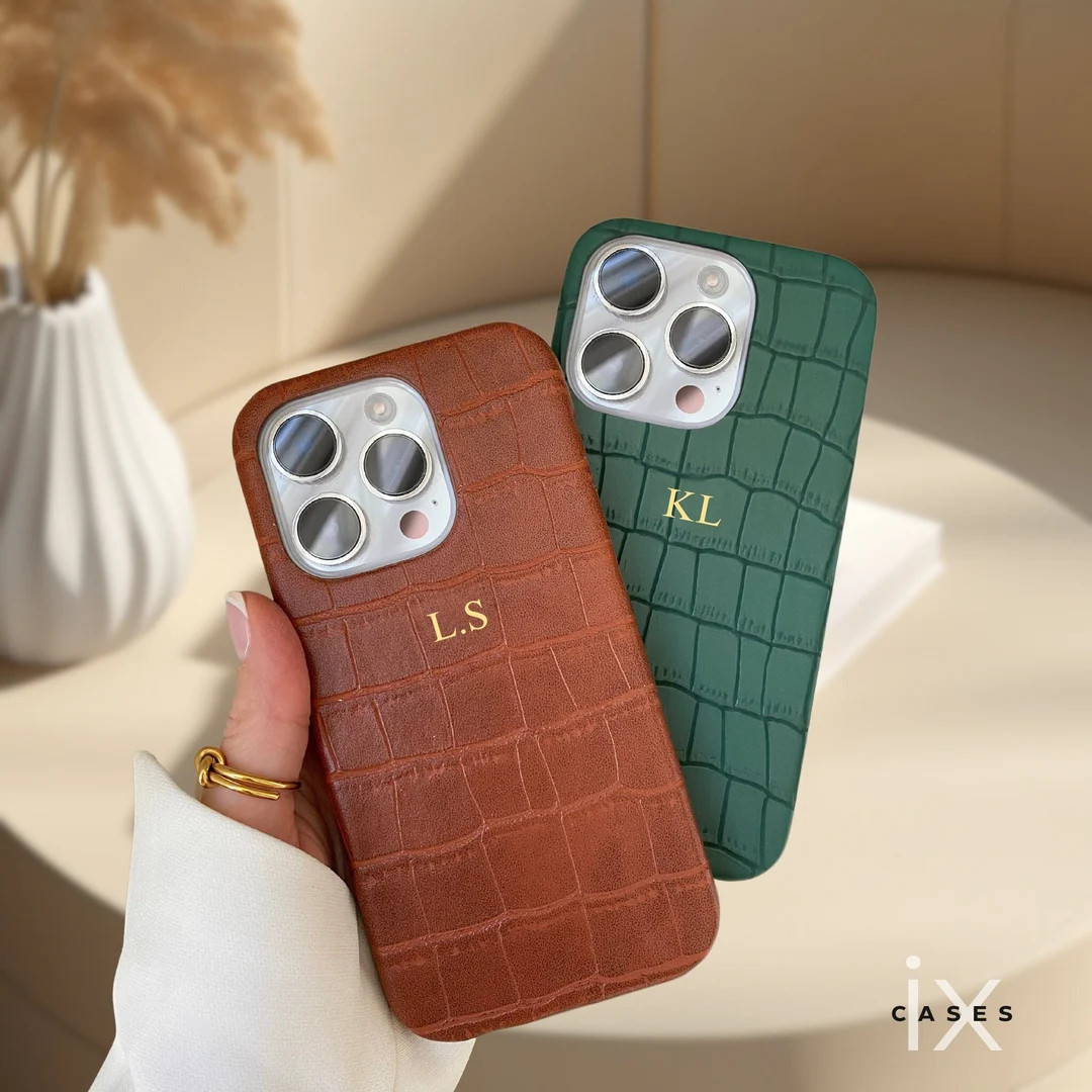 Leather iPhone Case for iPhone 15 Pro 14 Pro Max 13 12, Monogram Initials Croc Phone Cover Case, ... | Etsy (US)