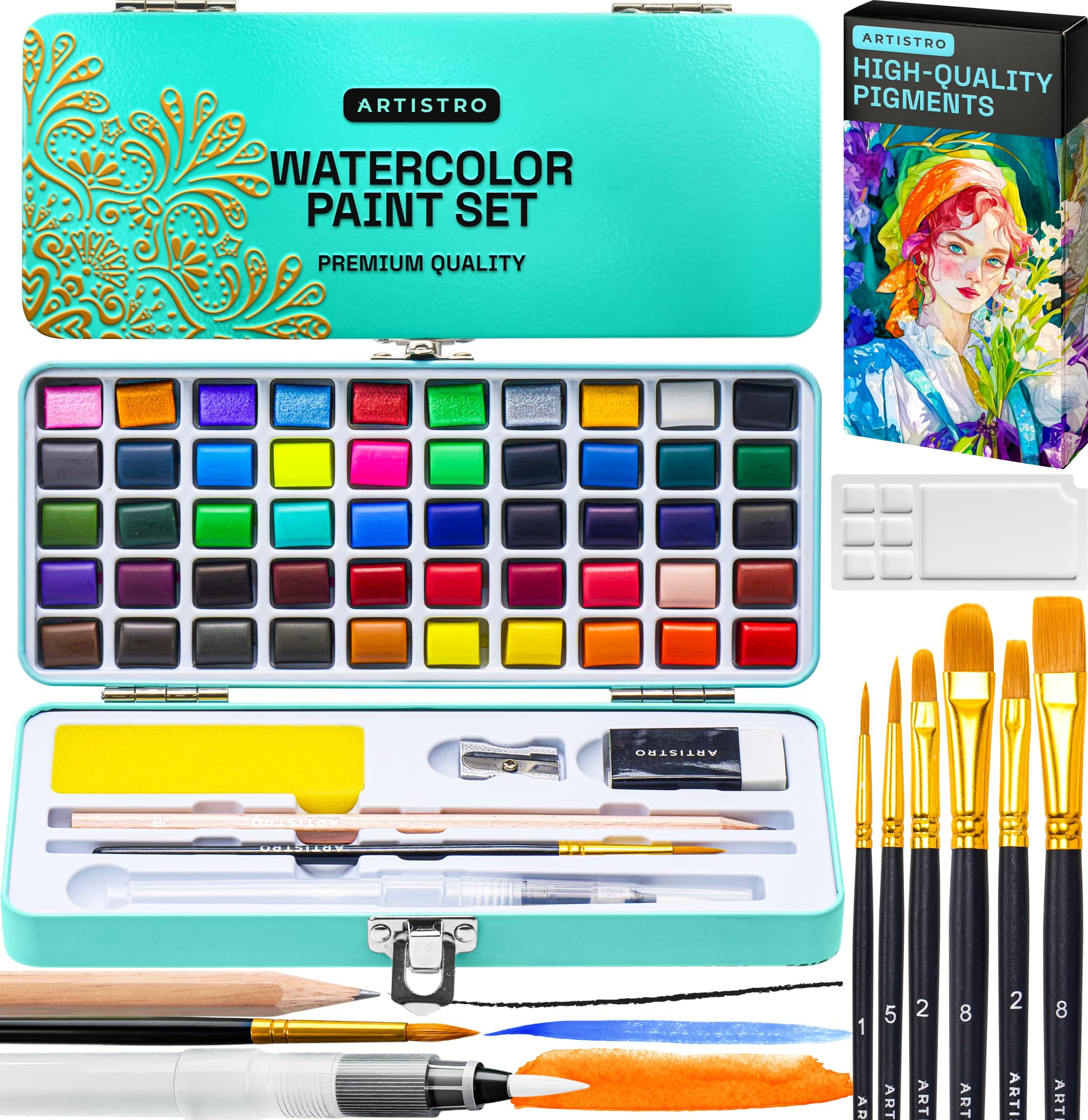 ARTISTRO 50 Color Watercolor Paint Set - Portable Paint Art Kit with Palette and Brush Pens - Tra... | Amazon (US)