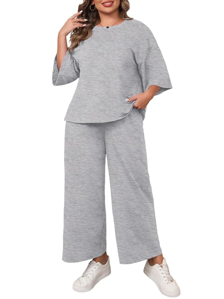 Beautife Womens Plus Size 2 Piece Outfits 3/4 Sleeve Tops and Wide Leg Pants Loungewear Pajamas S... | Amazon (US)