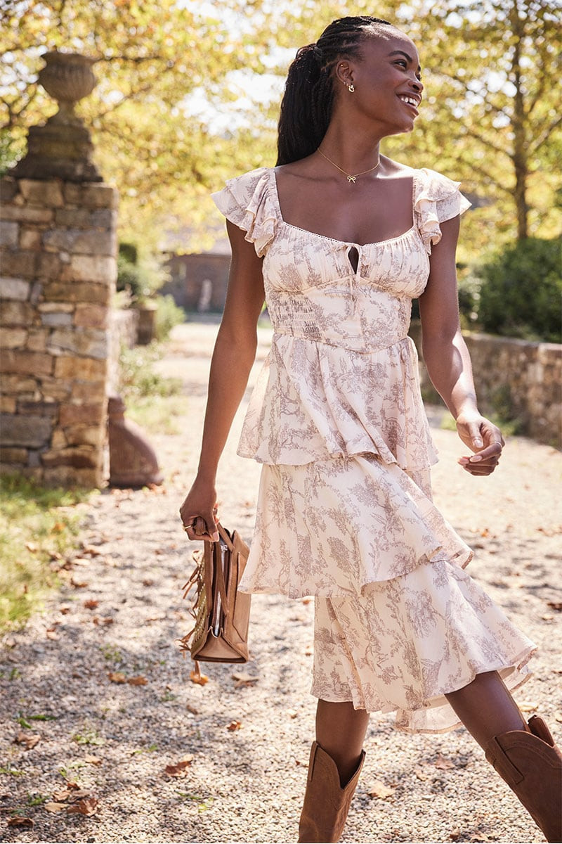 Mona Toile Print Corset Tiered Midi Dress | Francesca's