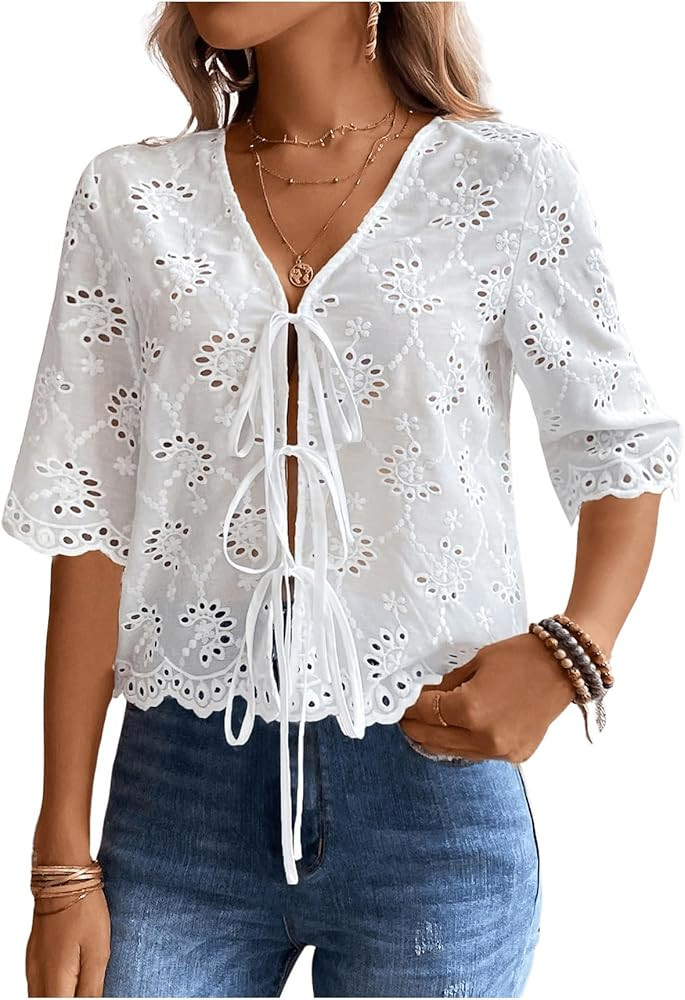Floerns Women's Tie Front 3/4 Sleeve Scallop Hem Eyelet Embroidery Blouse Top | Amazon (US)
