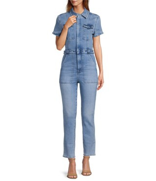 Fit For Success Short Sleeve Point Collar Straight Leg Stretch Denim Jumpsuit | Dillard's