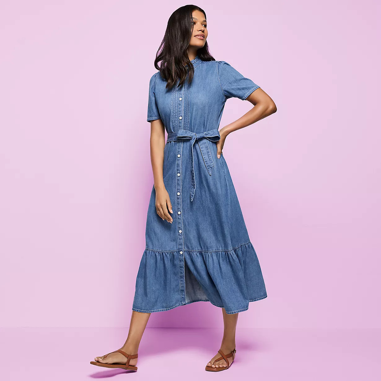 Women's Light Weight Denim Tiered Midi Dress | Lands' End (US)