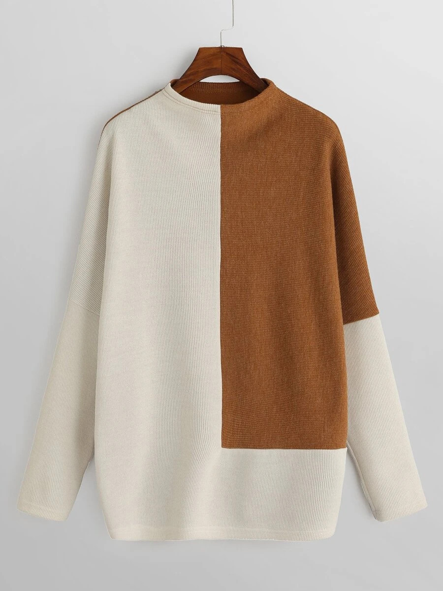 SHEIN Two-Tone Mixed Knit Sweater | SHEIN